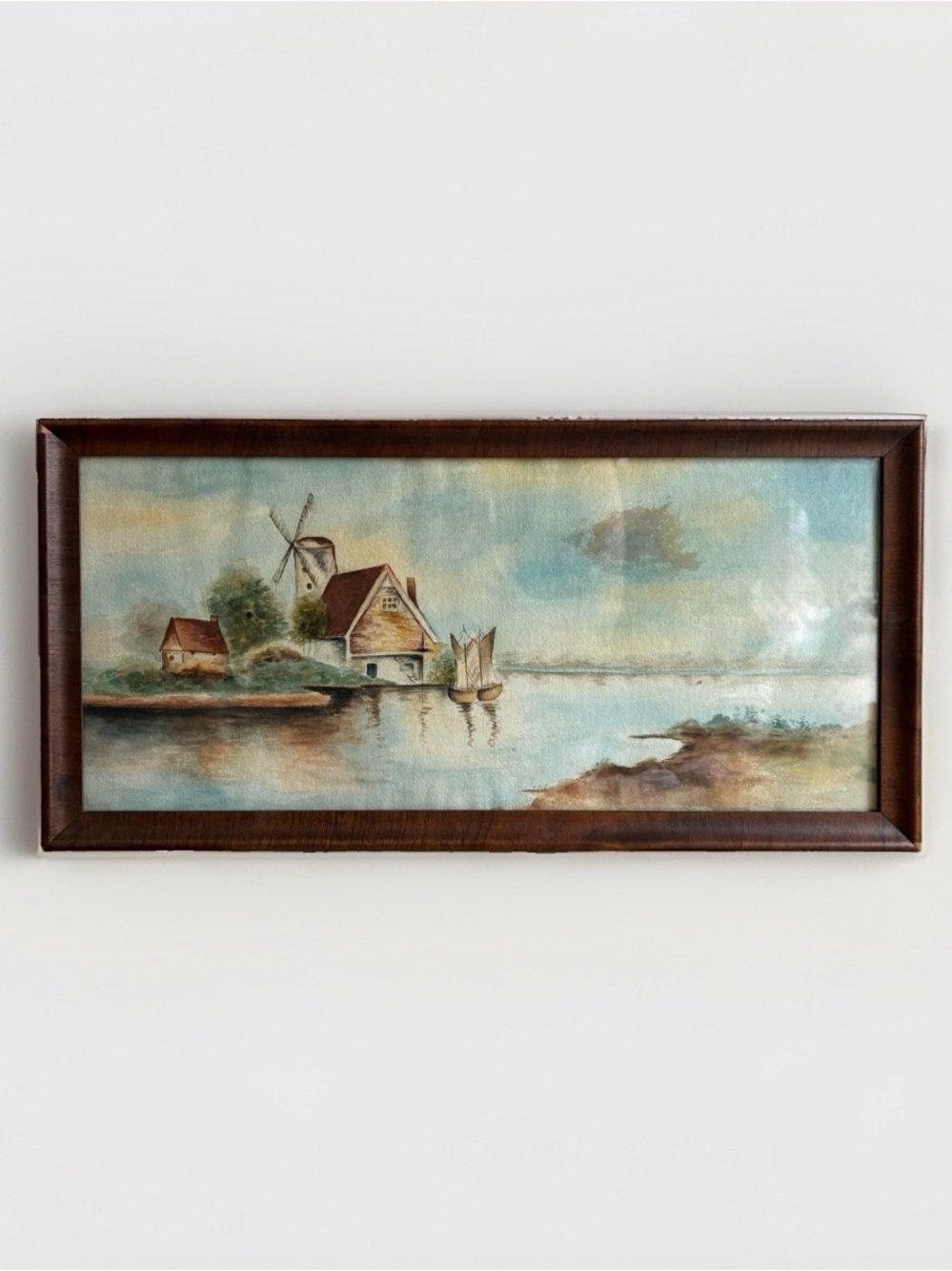 Vintage Dutch Windmill Landscape Watercolor Painting Original VTG Collectible